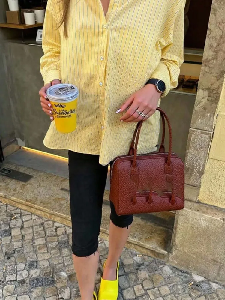 Hh 2025 elegante feminino amarelo listrado solto camisa feminina lapela mangas compridas botões blusas longas verão praia estilo topos