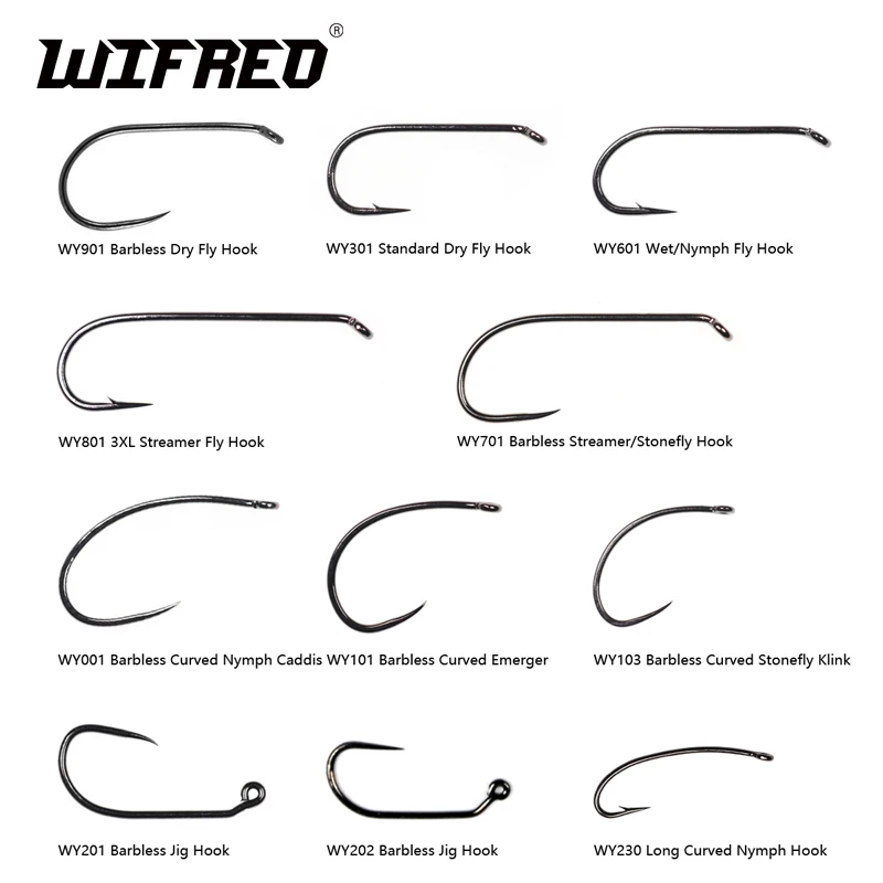 Wifreo 100pcs Barbed Barbless Fly Tying Hooks Nymph Dry Streamer Wet Caddis Fly Hooks Trout Fly Tying Material Fly Fishing Hooks