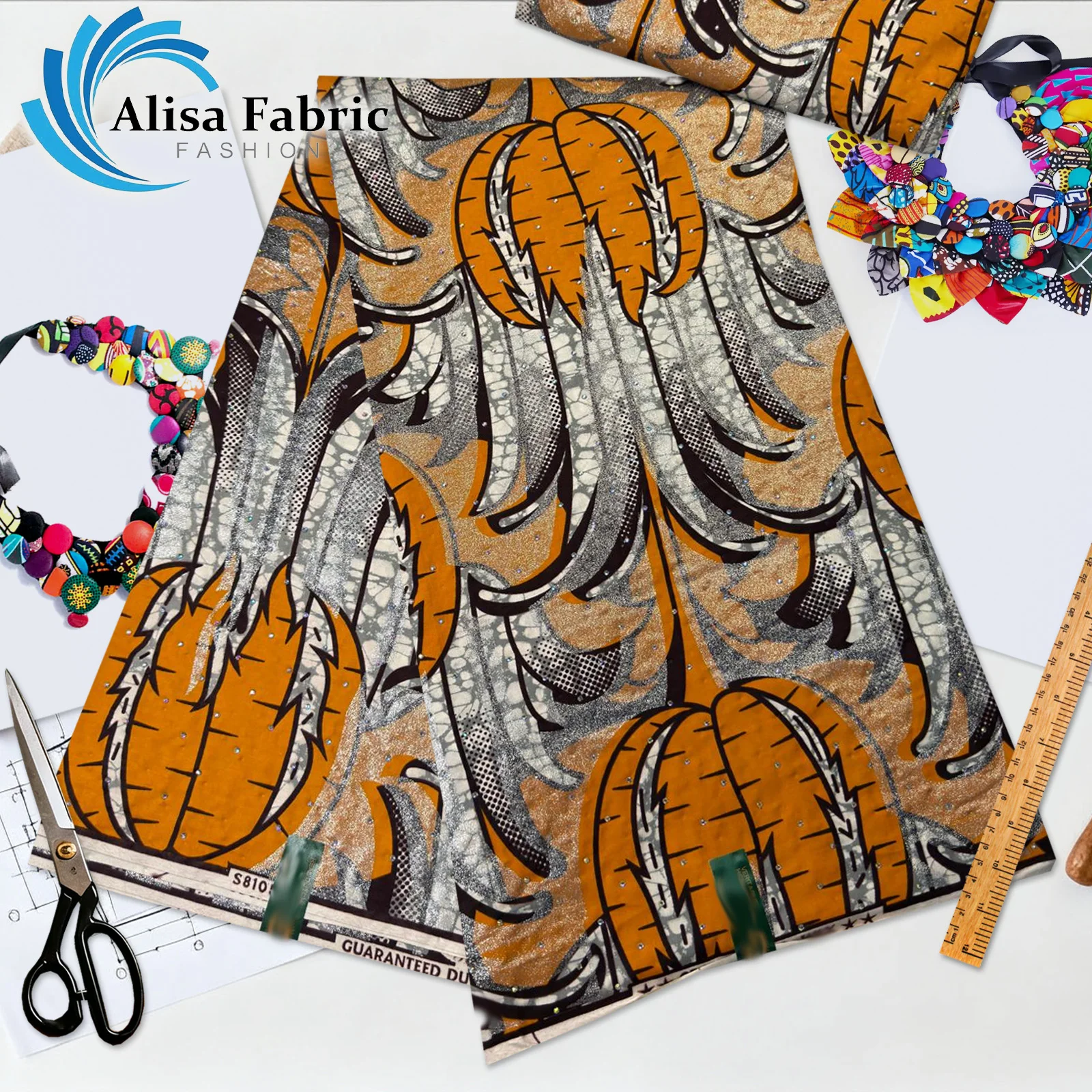 

New arrival Hot drilling grand super African wax dress fabric with stones 100% cotton 6 yards for festival costume, Gray&Orange