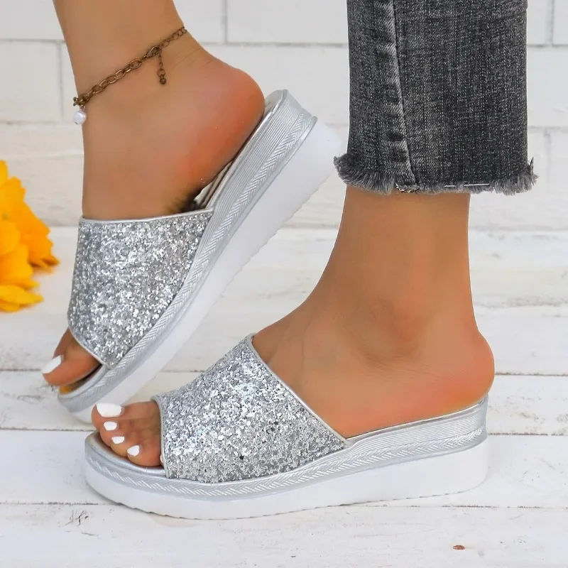 2024 brand Ladies Shoes Plus Size Women's Slippers Fashion Sequins Casual Slippers Women New Peep Toe Wedge Slippers zapatos