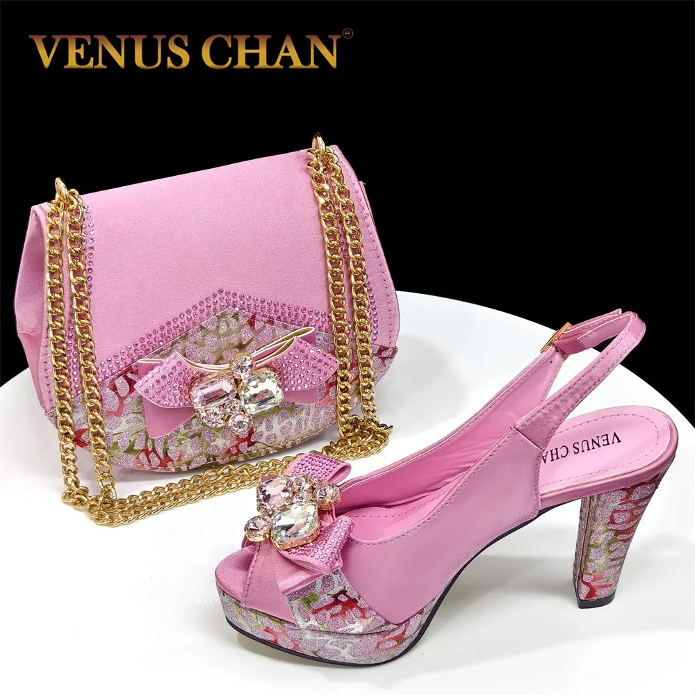 Venus Chan Nigerian Women Heel Party Shoes and Bag Set Royal Blue Colour Rhinestone Handbag Italian Design Wedding INS 2024