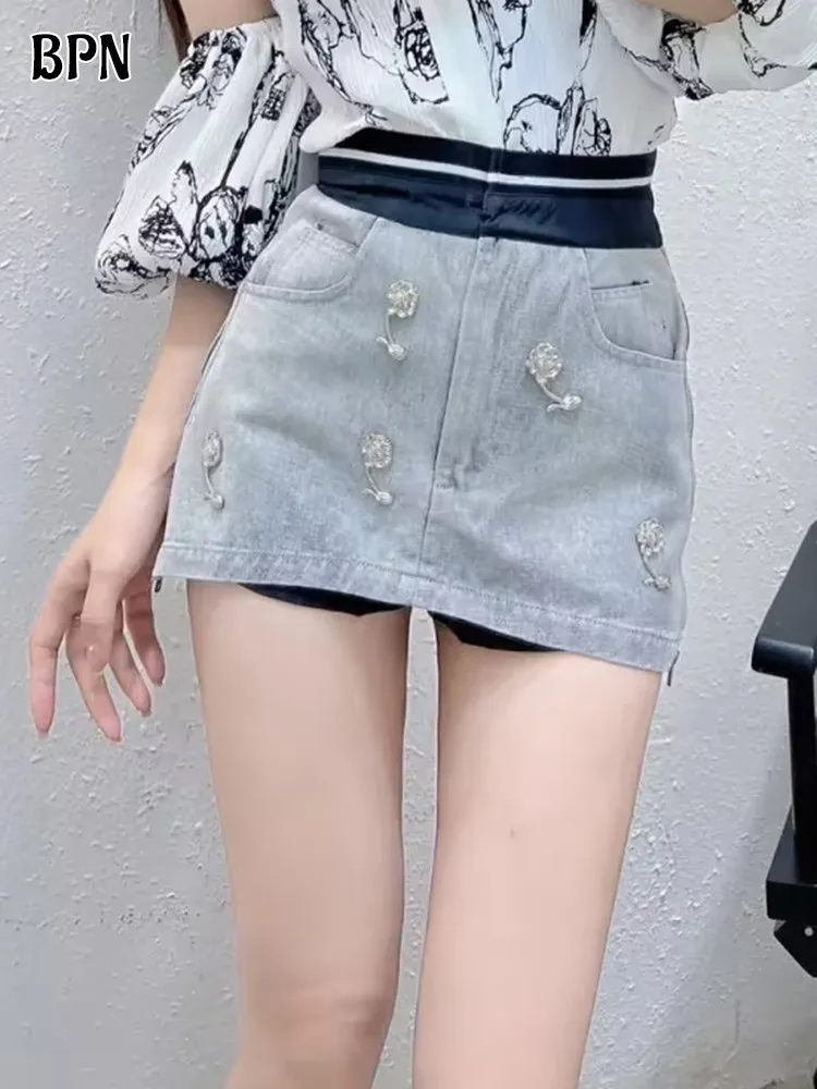 

BPN Casual Patchwork Diamonds Denim Skirts For Women High Waist Hit Color Patchwork Pockets Mini Skirt Female Fashion Clothing