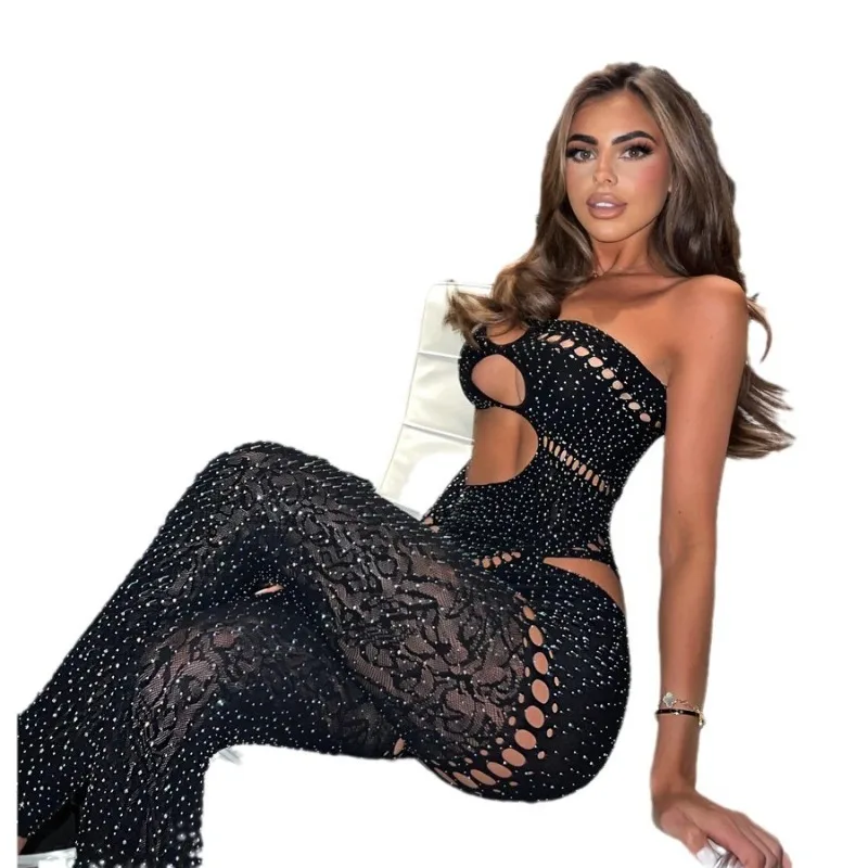 

Weird Puss Shine Rhinestones Jumpsuits Women Irregular Hollow Skew Collar Single Sleeve Hottie Sexy Coquettish Clubwear Overalls