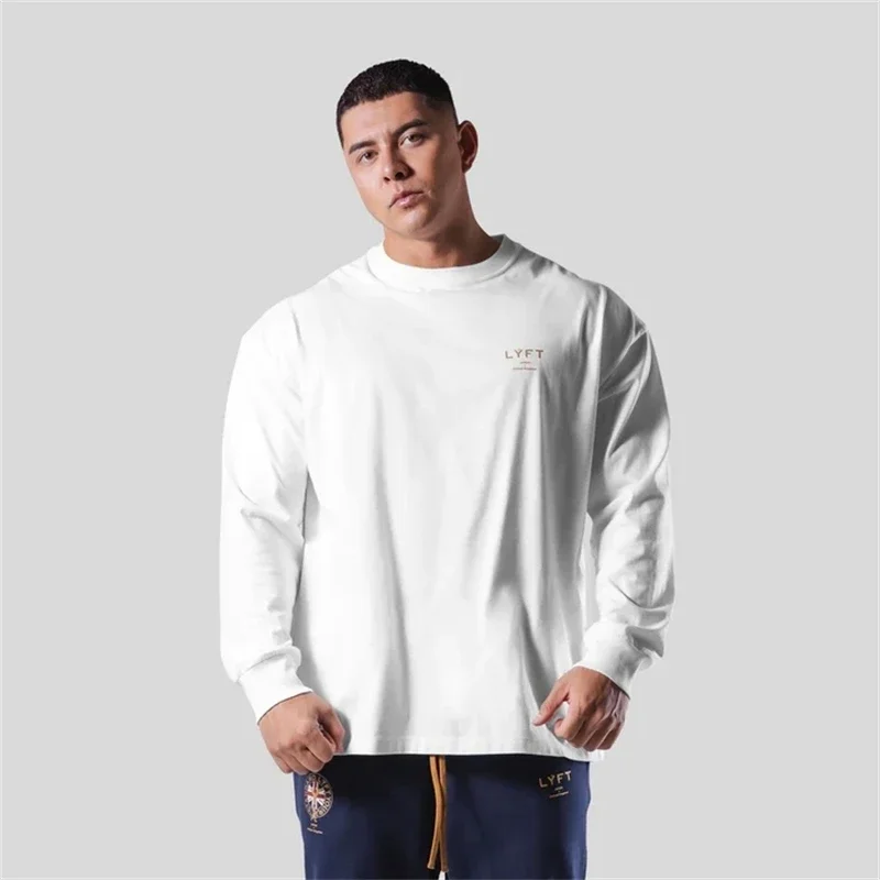 LYFT Mens Spring Autumn Sport Clothing 100% Cotton T Shirt Long Sleeve Loose Shirts Bodybuilding Print Workout Fitness T-shirt