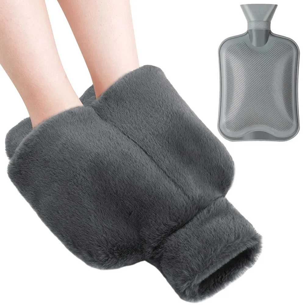 Large Hot Water Bottle for Feet Rubber Hot Water Bag with Soft Plush Cover Foot Warmer for Pain Relief Washable Foot Heating Pad