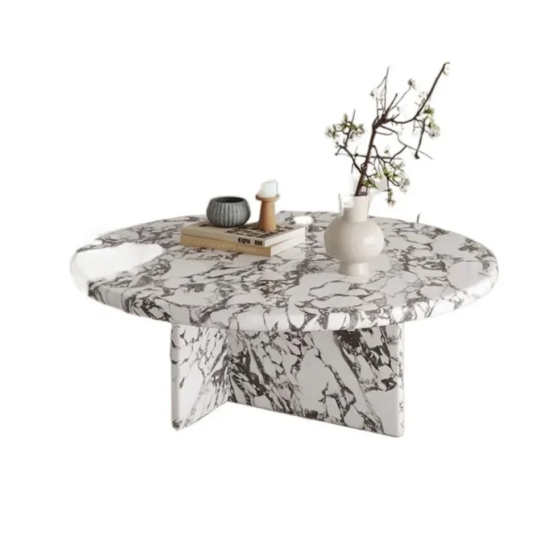 For  Cream Style Natural Marble Coffee Table, Oval Round Italian Lacquered Top & Stainless Steel Frame, Heat-Resistant