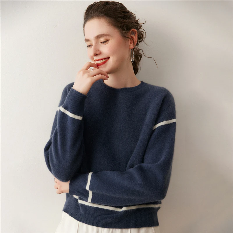 เสื้อสเวตเตอร์แคชเมียร์แท้ 100% สำหรับผู้หญิง คอกลม แขนยาว สไตล์สั้น สีบล็อค สำหรับฤดูใบไม้ร่วงและฤดูหนาว เสื้อถักแคชเมียร์ยอดนิยม