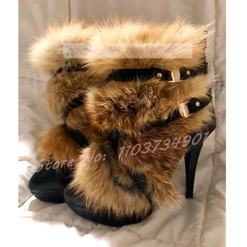 Real Fur Round Toe Belt Buckle Ankle Boots Women Sweet Fashion Platform Zipper High Heeled Shoes Lady Nifty Party Big Size Boots