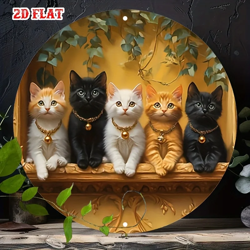Flat Round Aluminum Cat Sign - Rustic Golden Background Metal Wall Art, Group of Cute Cats with Collars, Frameless Indoor/Outdoo