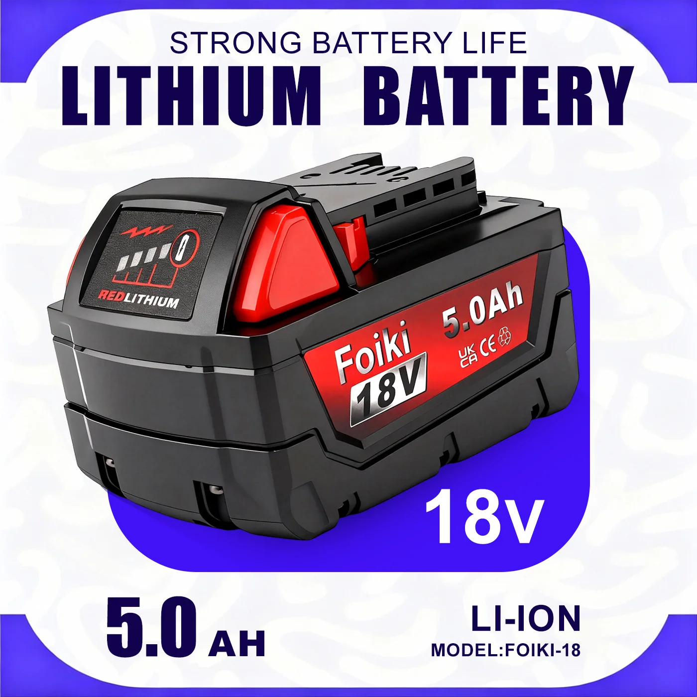 Foiki 18V Large Capacity Rechargeable Li-ion Battery with LED Indicator Light Suitable for  Milwaukee Drill Wrench Cordless Tool