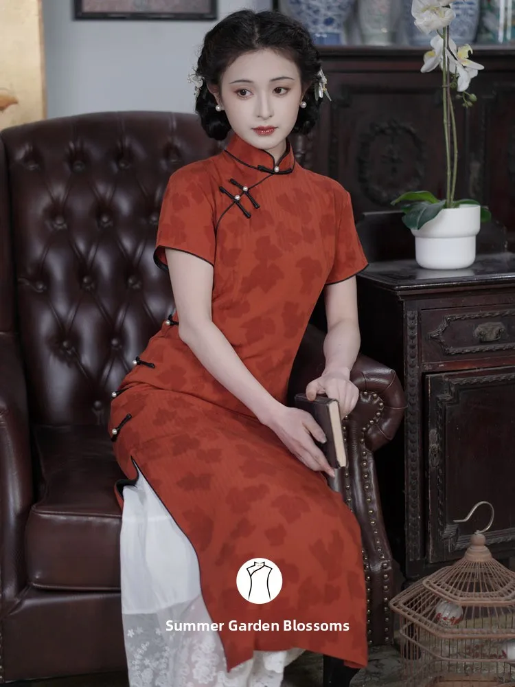 

Retro Red Floral Embroidery Young Sle Long Dr Chinese New Version Breathable ort Sve Low Slit Daily Wear