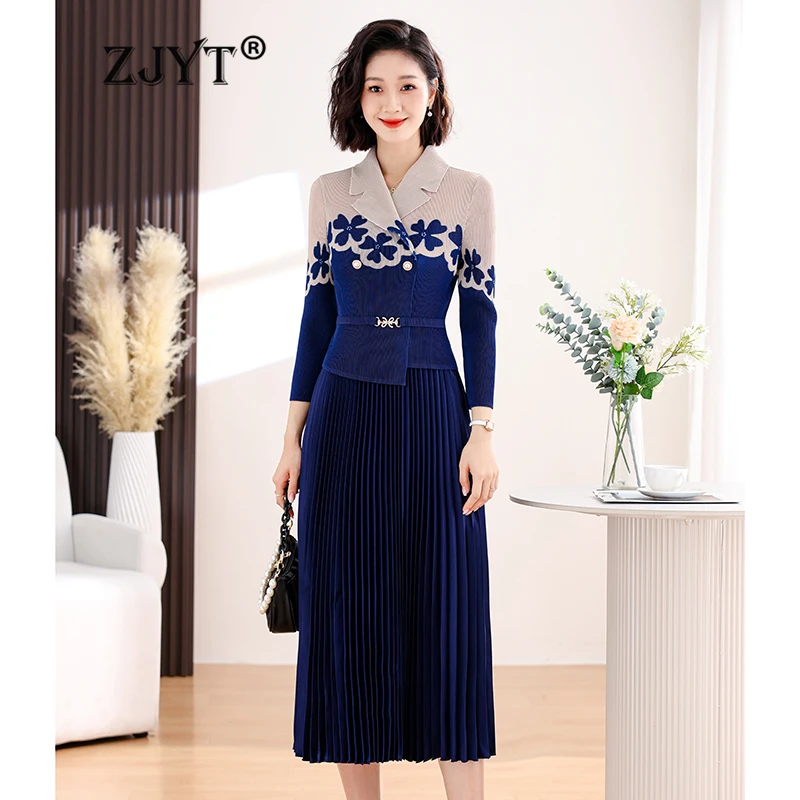 

ZJYT Fashion 2024 New Spring Dresses for Women Long Sleeve Turn Down Collar Print Midi Pleated Dress Blue Casual Party Vestidos