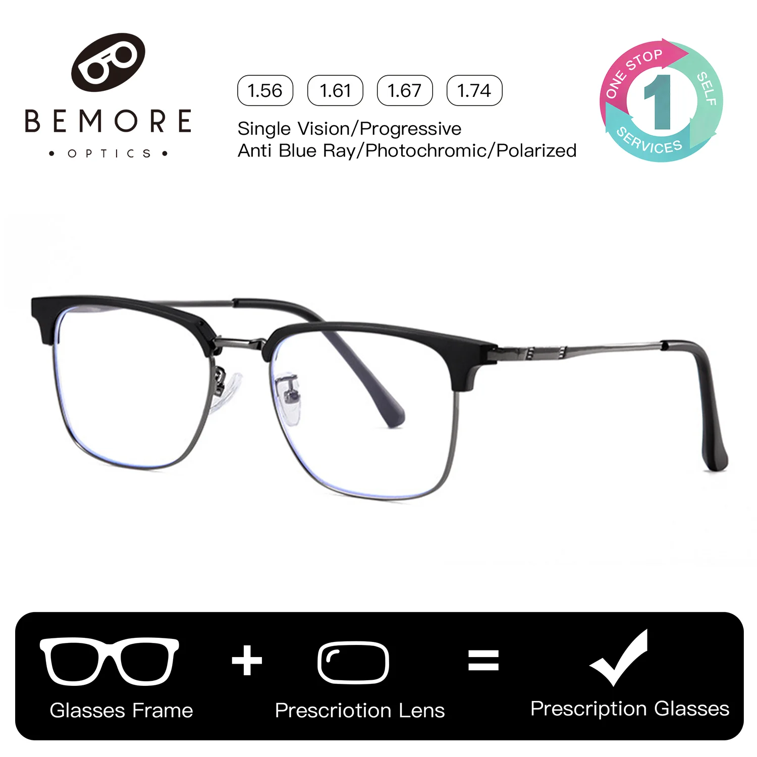BEMORE Square Prescription Glasses For Men Metal Photochromic Anti Blue Light Custom Optical Lenses with Recipe