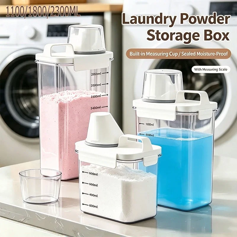 Laundry Powder Storage Bottle with Measuring Cup Sealed Moisture Proof Detergent Dispenser Box Airtight Storage Jar with Scale