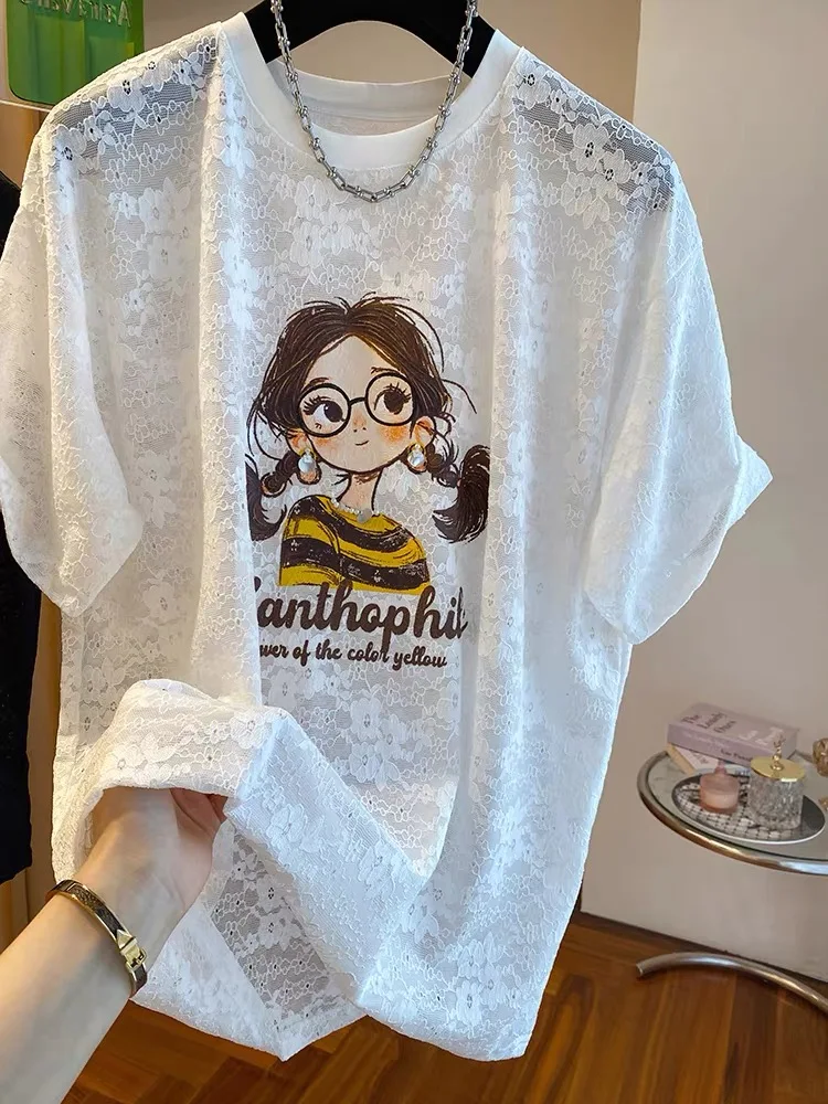 Designed with a Girly Style, Fashionable Cartoon Girl Lace T-shirt, Women's Short-sleeved Shirt, New Style for Spring and Summer