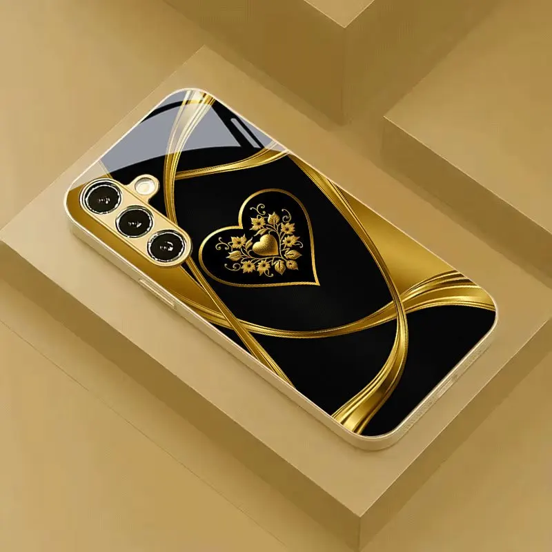 Gold heart-shaped pattern electroplated glass phone case for Samsung Galaxy S26 S25 S24 S23 S22 S20FE/Ultra/Plus anti drop Cover