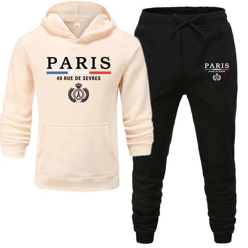 Men\'s Luxury Hoodie Set PARIS Print Sweatshirt Sweatpant for Male Hooded Tops Jogging Trousers Suit Casual Streetwear Tracksuit