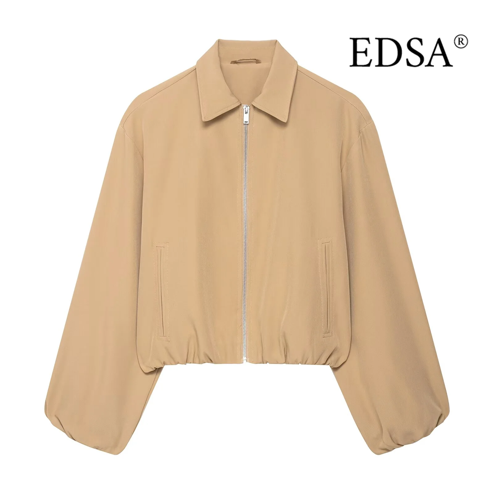 EDSA 여성 봄버 재킷 퍼프 슬리브 사이드 지퍼 턴다운 칼라 엘라스틱 트림 여성 캐주얼 코트 아우터웨어