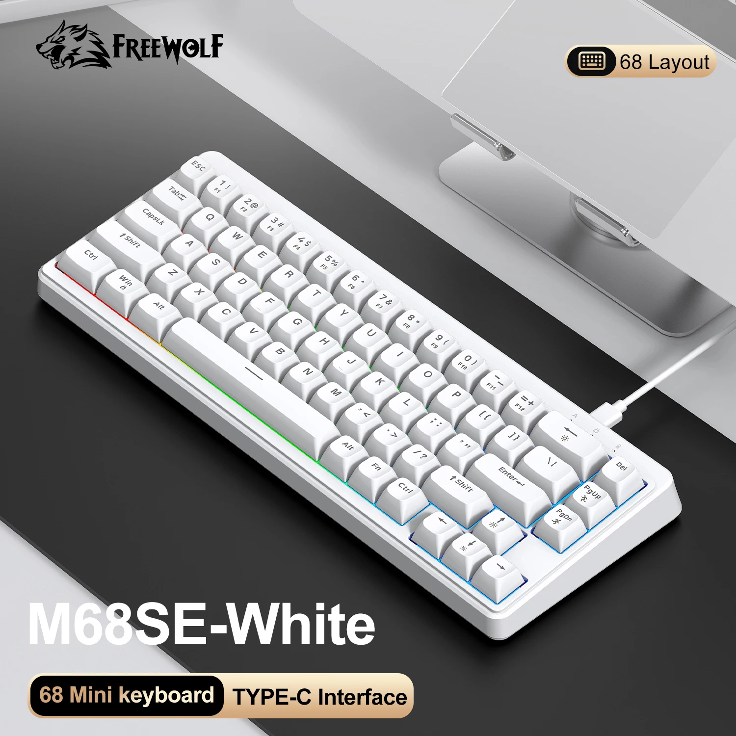 

Mini 60% Gaming Keyboard Wired FREEWOLF M68 SE RGB Dazzling lights 67 Keys Portable Keyboard for Office/Gaming