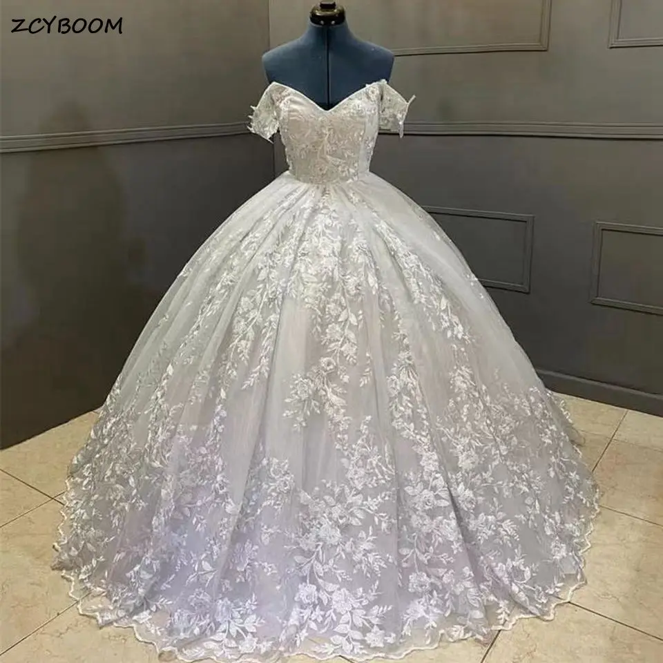 

2023 Exquisite Off The Shoulder Puffy Ball Gown Wedding Dress Princess V-Neck Tulle Appliques Women Bride Gowns Vestido De Noiva