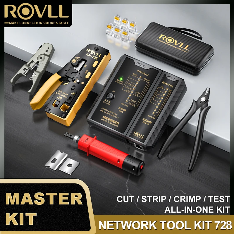 ROVLL RJ45 krimptangset met kabeltester, Ethernet-netwerkgereedschapset voor Cat5e, Cat6, Cat7 en RJ11, inclusief krimpmateriaal voor installatie.