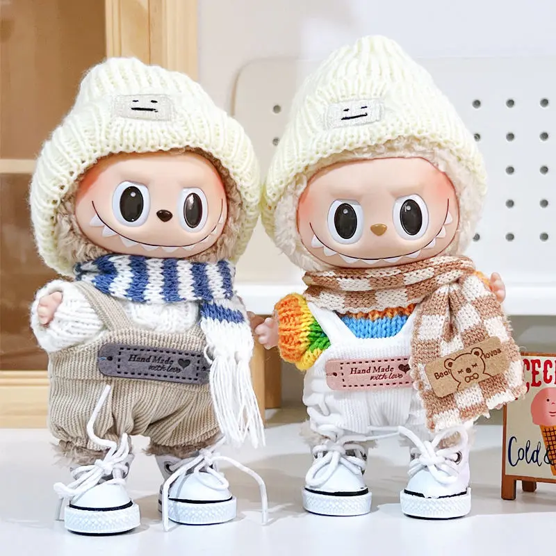 

17cm Mini Doll'S Clothes Outfit Accessories For Korea Kpop Exo Labubu Idol V1 V2 Sweater plaid overalls scarf set Clothing Gift
