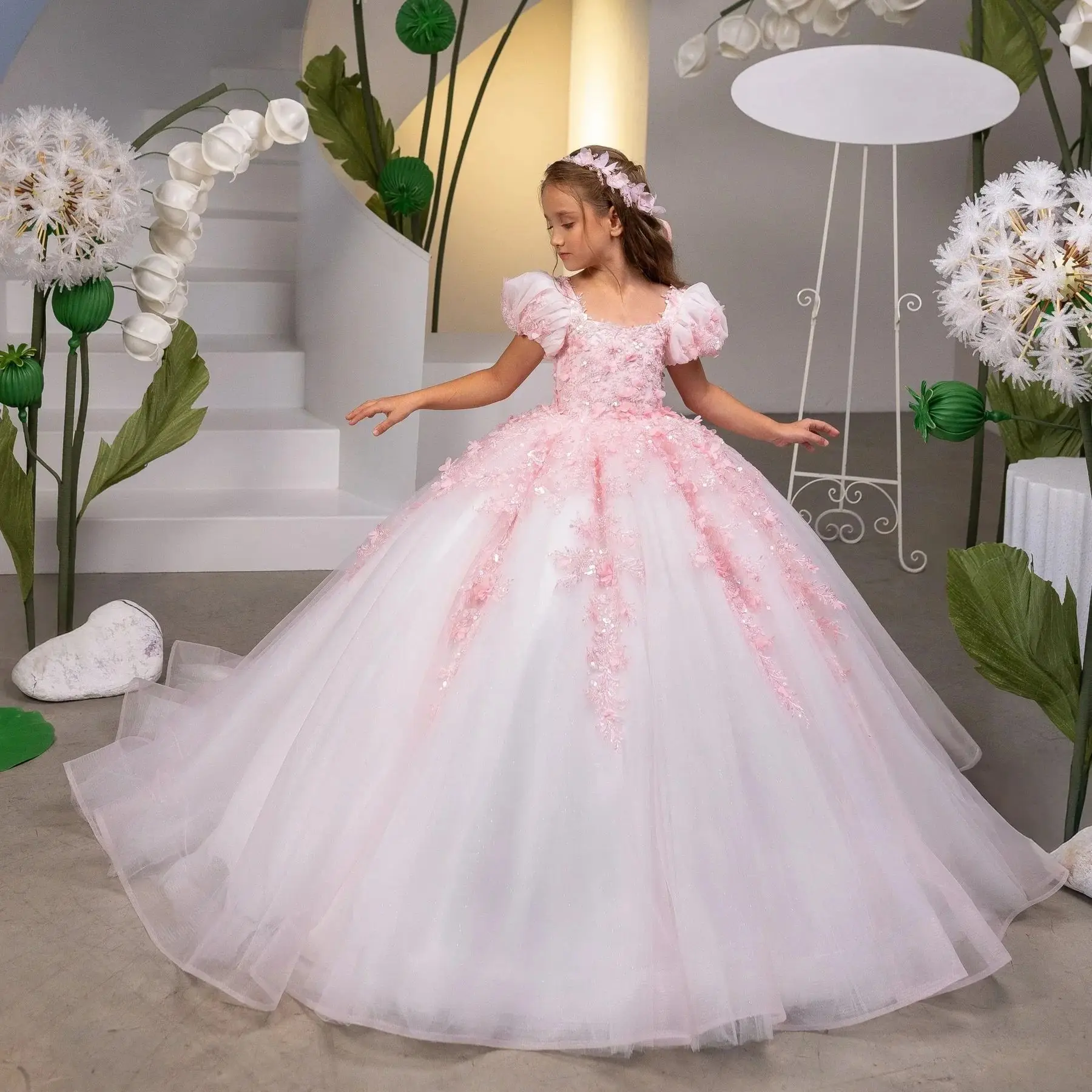 

Розовое кружевное платье для девочек с цветочным узором, бальное платье принцессы, свадебное платье для маленьких девочек, праздничное платье для малышей на день рождения, индивидуальный пошив