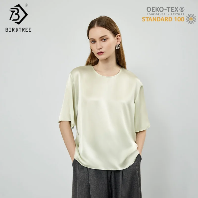 Birdtree,OEKO-TEX,19MM 100%  Silk Blouse,Women Short Sleeve O-neck Pajama,2025 Autumn Casual Home Wear Shirt T5D210JF
