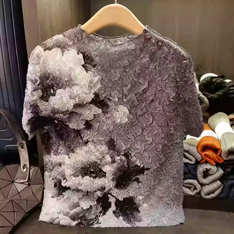 

Miyake Pleated Summer New 2025 Tie-dye Printing Pleated Blouse Temperament Commuting Versatile Short-sleeved T-shirt Female
