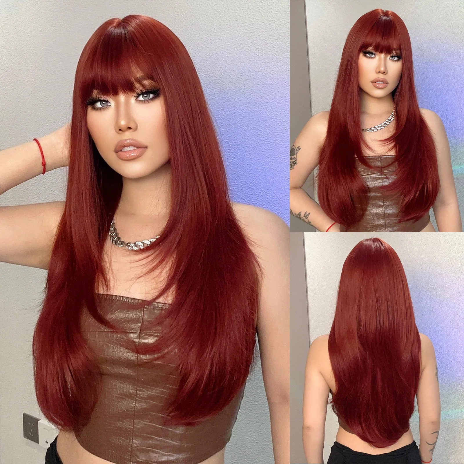 

Long Loose Wave Wigs with Bangs Wine Red Colorful Daily Synthetic Fake Hair for Women Soft Natural Party Use Wigs Heat Resistant