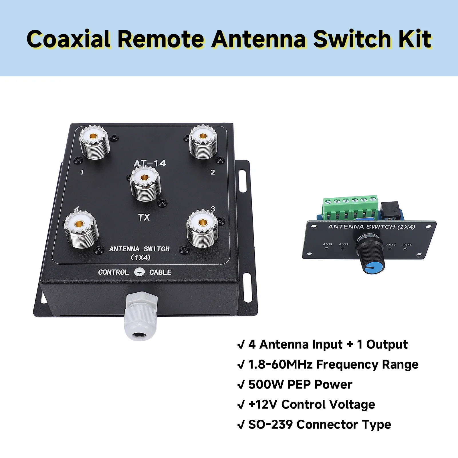 Coaxial Remote Antenna Switch Kit 4 Channel 1 Output HF Coax Antenna Switch 500W PEP 1.8-60MHz SO-239 Connector for Ham Radio