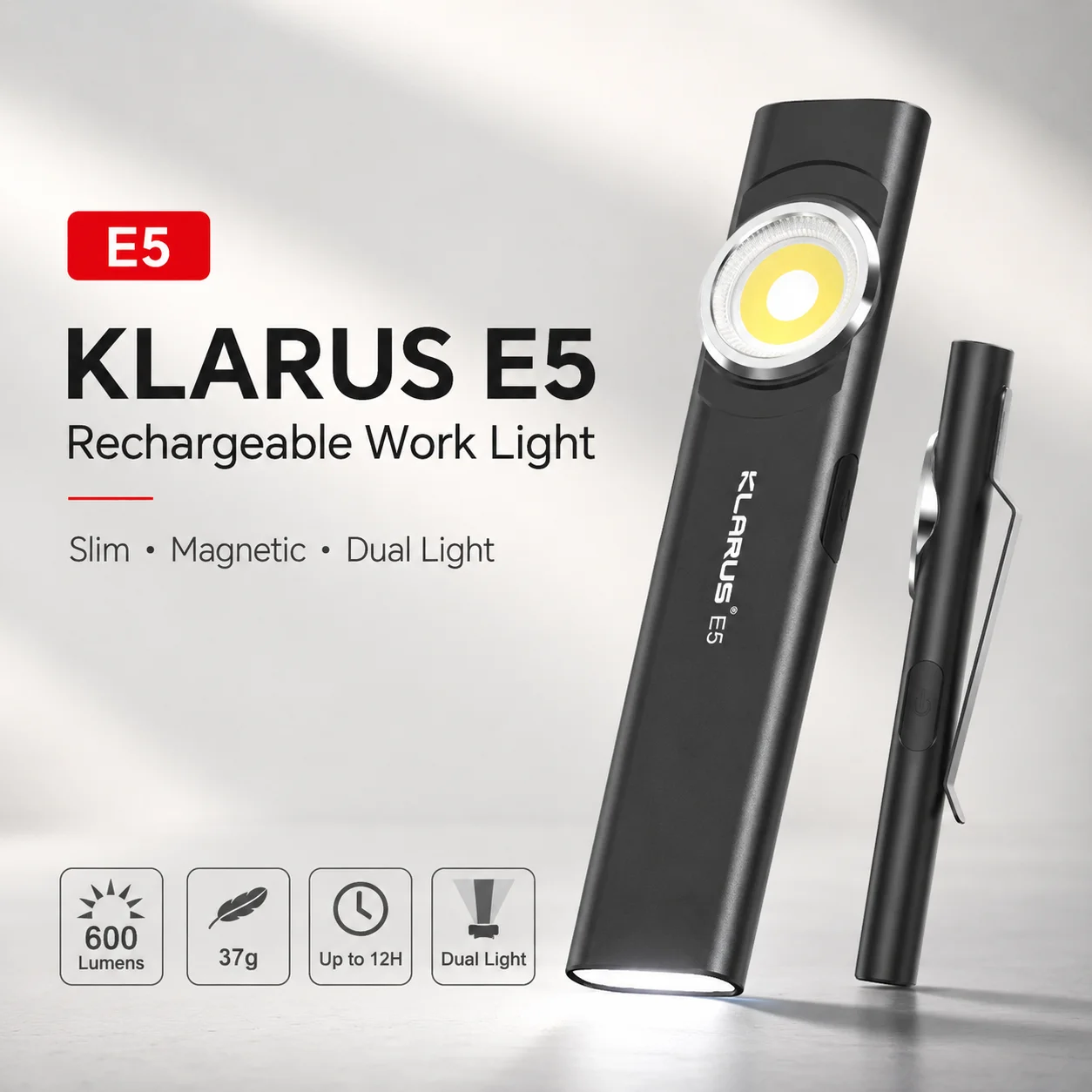 

KLARUS E5 Rechargeable Work Light 600LM USB-C Magnetic Clip 8 Modes Slim EDC Flashlight for Camping Repair Hiking Fishing