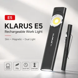 KLARUS E5 Rechargeable Work Light 600LM USB-C Magnetic Clip 8 Modes Slim EDC Flashlight for Camping Repair Hiking Fishing