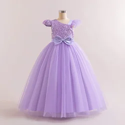 Puffy Girls Party Dresses Elegant Kids Wedding Gala Prom Gown Sequined Bow Children Birthday Princess Dress For Girl Clothes