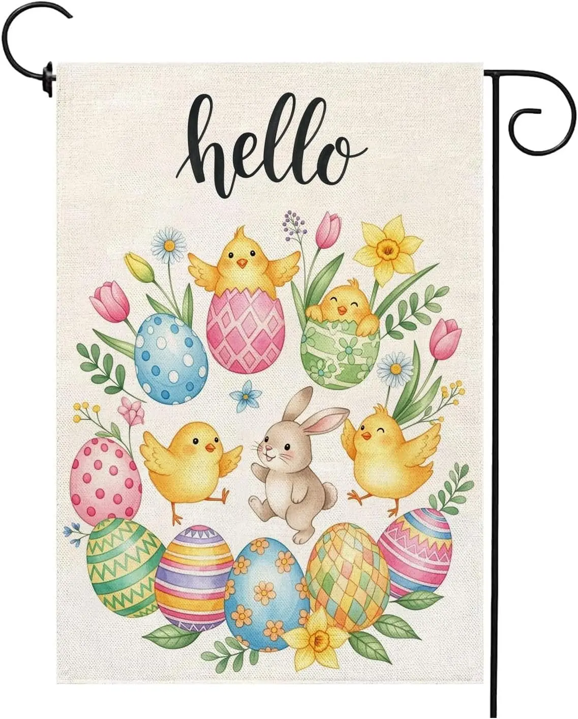 Hello Easter Garden Flag 12 x 18 Inch Vertical Double Sided Burlap Seasonal Spring Funny Chicken Bunny Eggs Yard Outdoor Dec MMZ