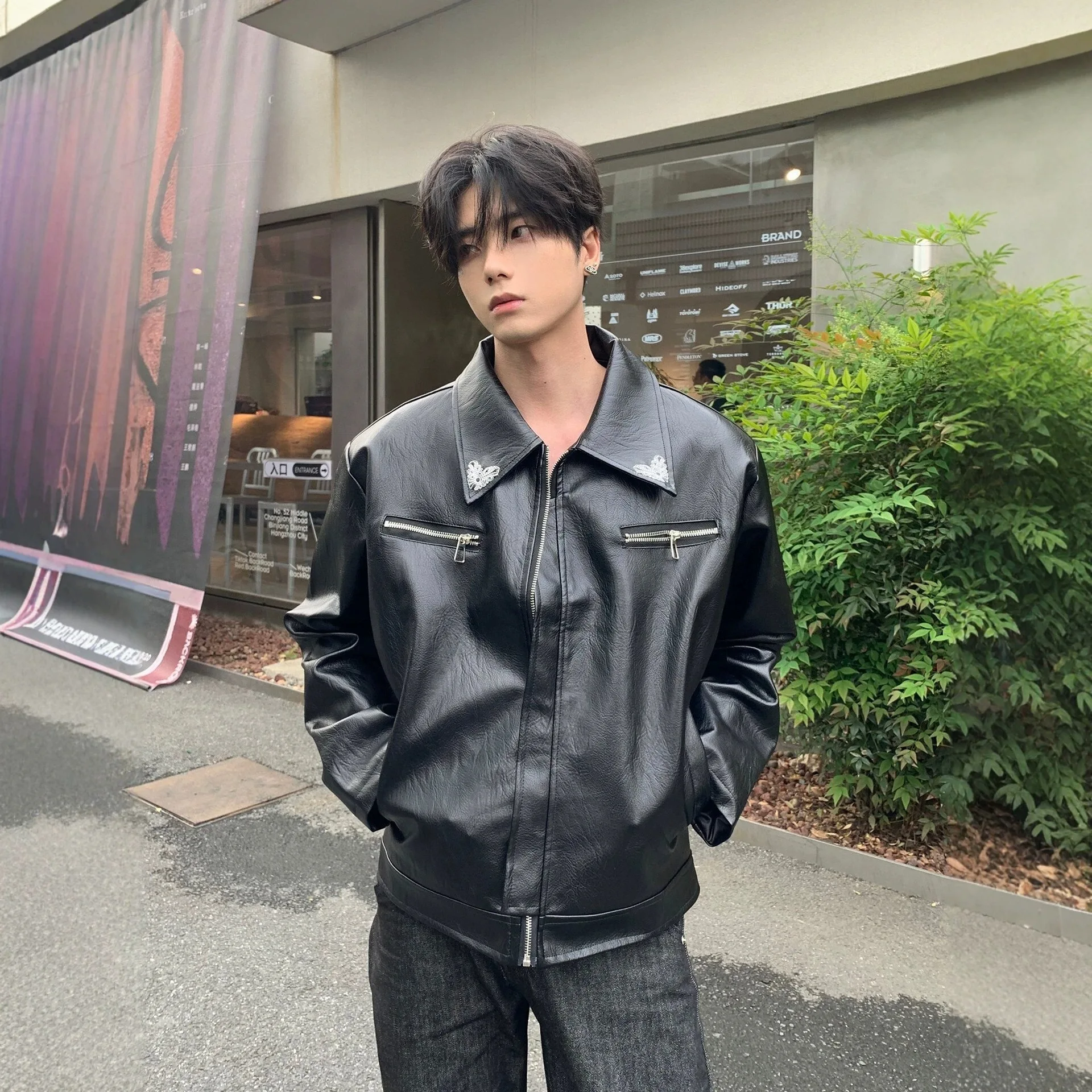 New Fashionable Dark Embroidered Motorcycle Leather Jacket with Men Design Sense Featuring A Lapel PU Leather Loose JacketJacket
