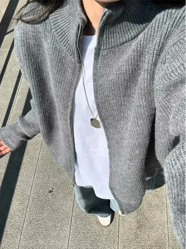 

ay Zipper Stand Collar Open Cardigan Knitwear Men's Sle f High Ne Double Zipper Loose Fit Casual Autumn Outerwear