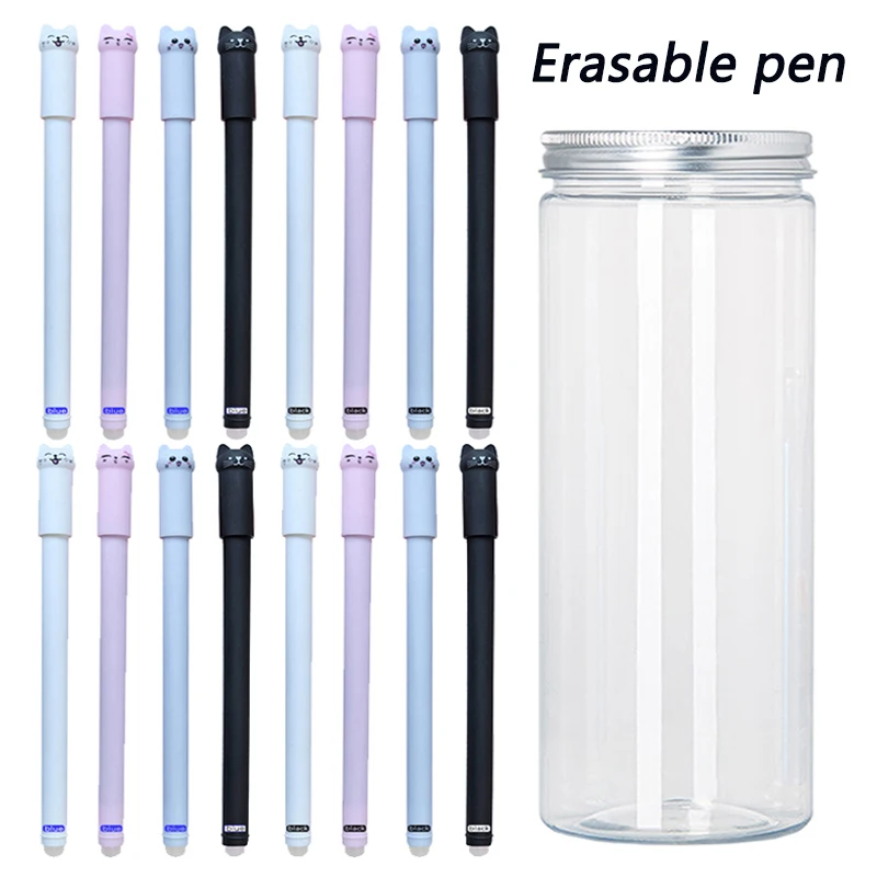 Creative 0.5mm Cat Erasable Gel Pens with Empty Pen Bottle Set Black Blue Magic Ink School Office Kawaii Writing Stationery