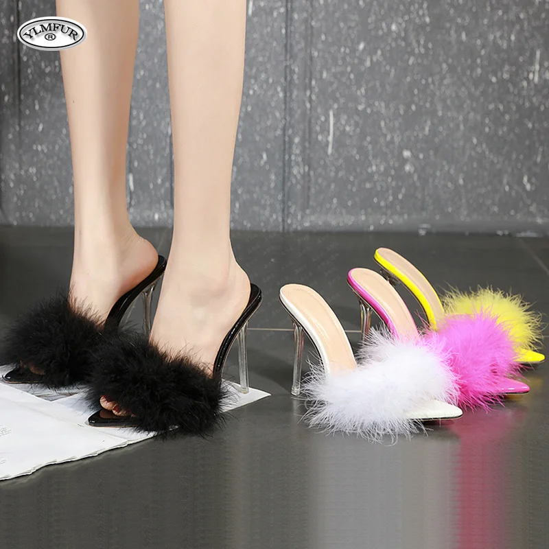 

New Summer Popular Transparent Feather High Heels Fur Slippers Sandals For Women Shoes Female Sandalias Street Footwear Slides