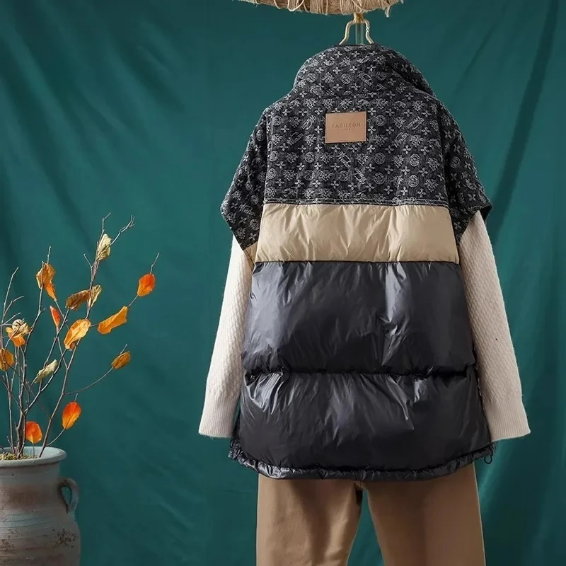 Gilet in piuma d'anatra da donna Colletto rialzato alla moda Colore a contrasto Splicing Loose 90% Bianco Nuovo prodotto invernale