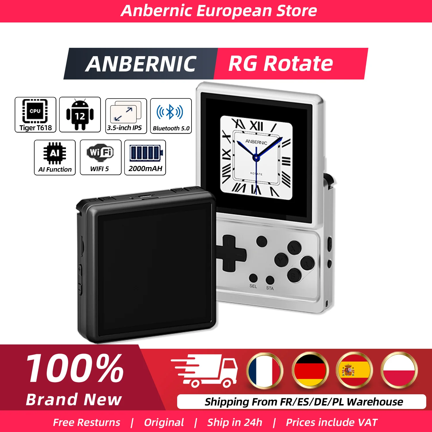 Console de jeu portable rétro Anbernic RG Rotate 3 Go + 32 Go eMCP avec écran pivotant de 3,5 pouces 720*720, console de jeu Android Unisoc Tiger T618, batterie 2000 mAh