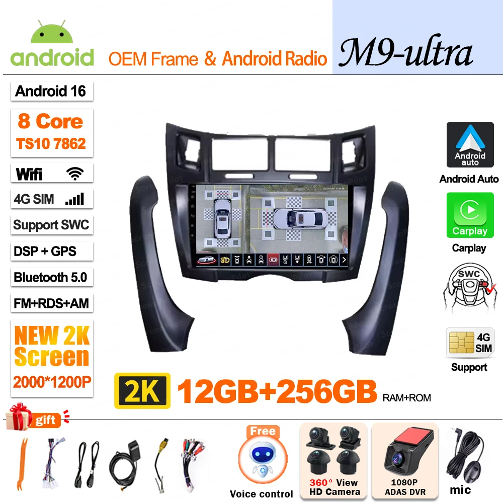 Android 16 autoradio multimediaspeler videospeler stereo head unit 2 din Android Auto DSP voor Toyota Yaris Vizi 2005 - 2010 2011 2012