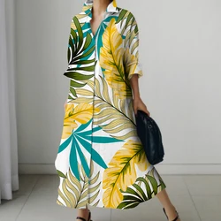Autumn and Winter Women's Contrast Floral Polo Neck Buttoned Shirt Dresses Women's Single Breasted Long Leaf Printed Office Gown