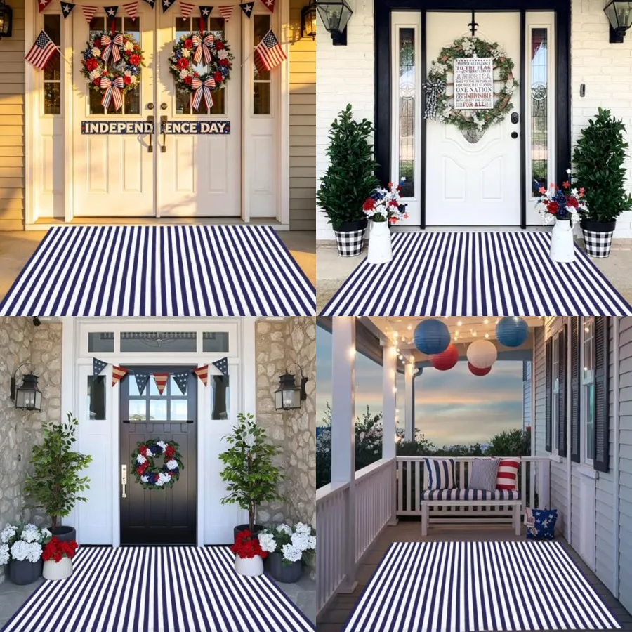 

Striped Rug 4th of July Door Mat Summer Front Porch Rug Independence Day Welcome Doormats for Farmhouse Entrance Porch Outdoors