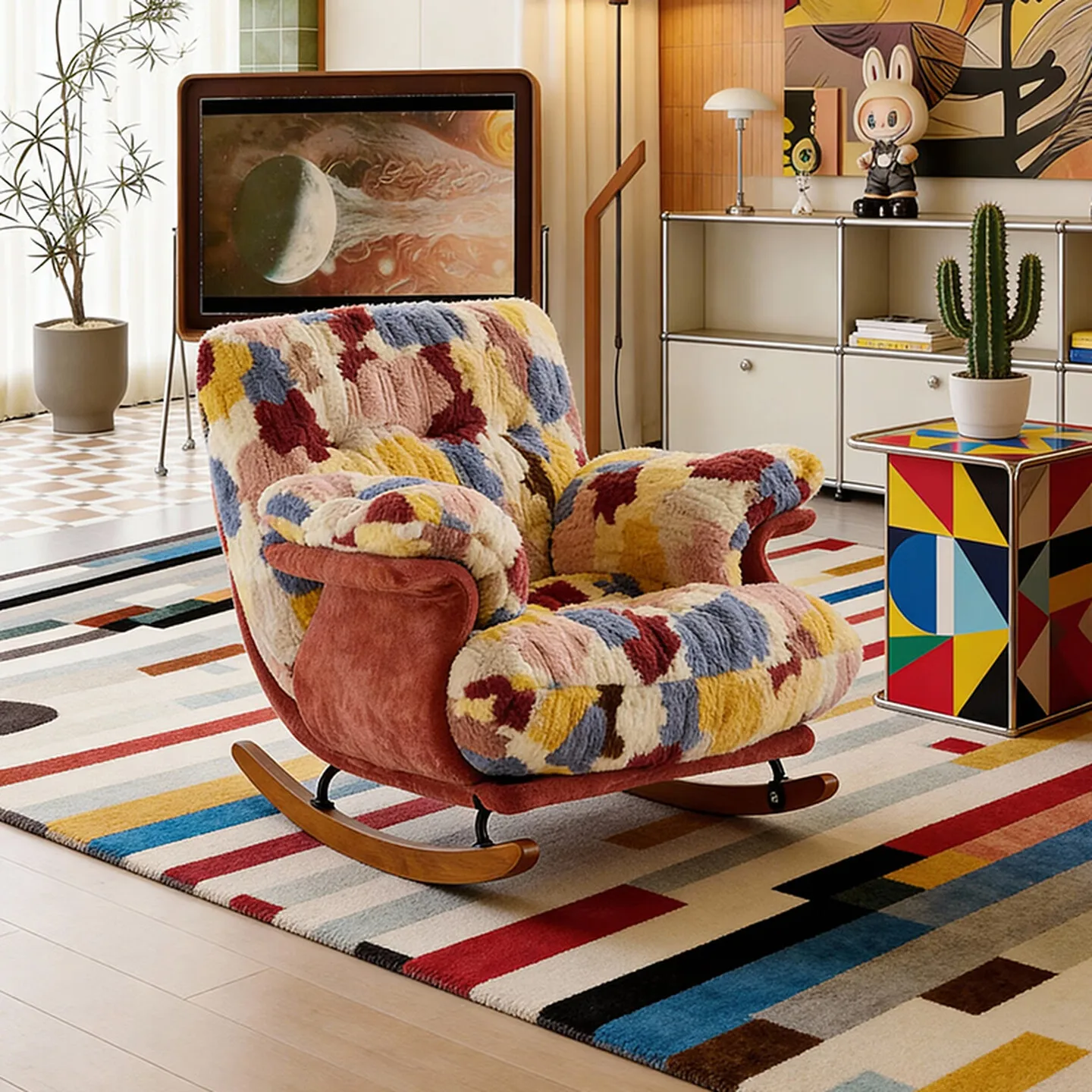 Dopamine Wind Rainbow Fleece Rocking Chair Apartment Study Reading Reclining Chair Bedroom Area Single Sofa Chair view 6