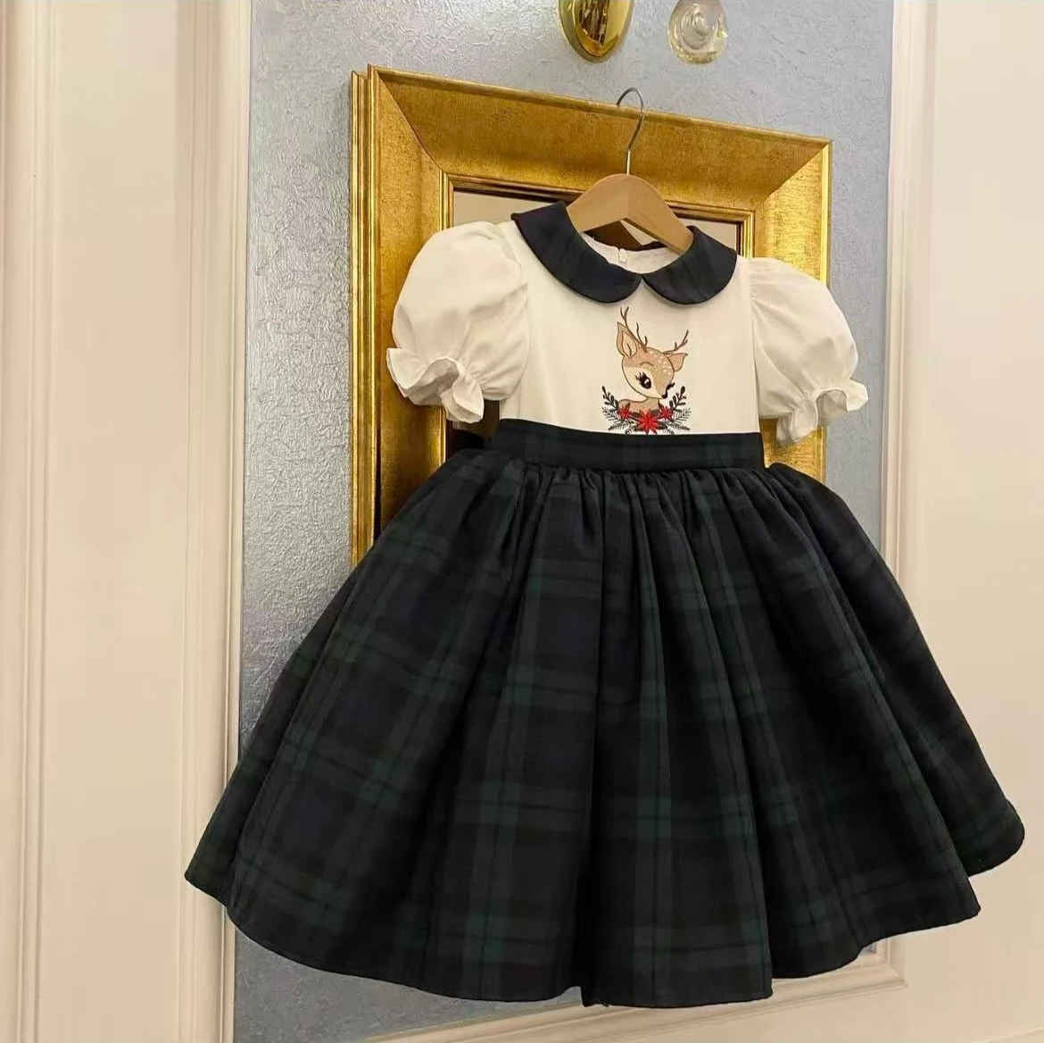 

0-12Y Baby Girl Summer Deer Embroidery Green Plaid Vintage Princess Dress for Birthday Photography Holiday Eid Christmas B372