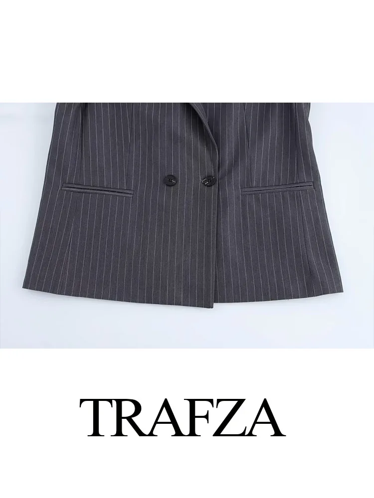 TRAFZA Blazer larghi primaverili da donna Striscia grigio scuro Colletto rovesciato Maniche lunghe Tasche Cappotti doppiopetto moda femminile