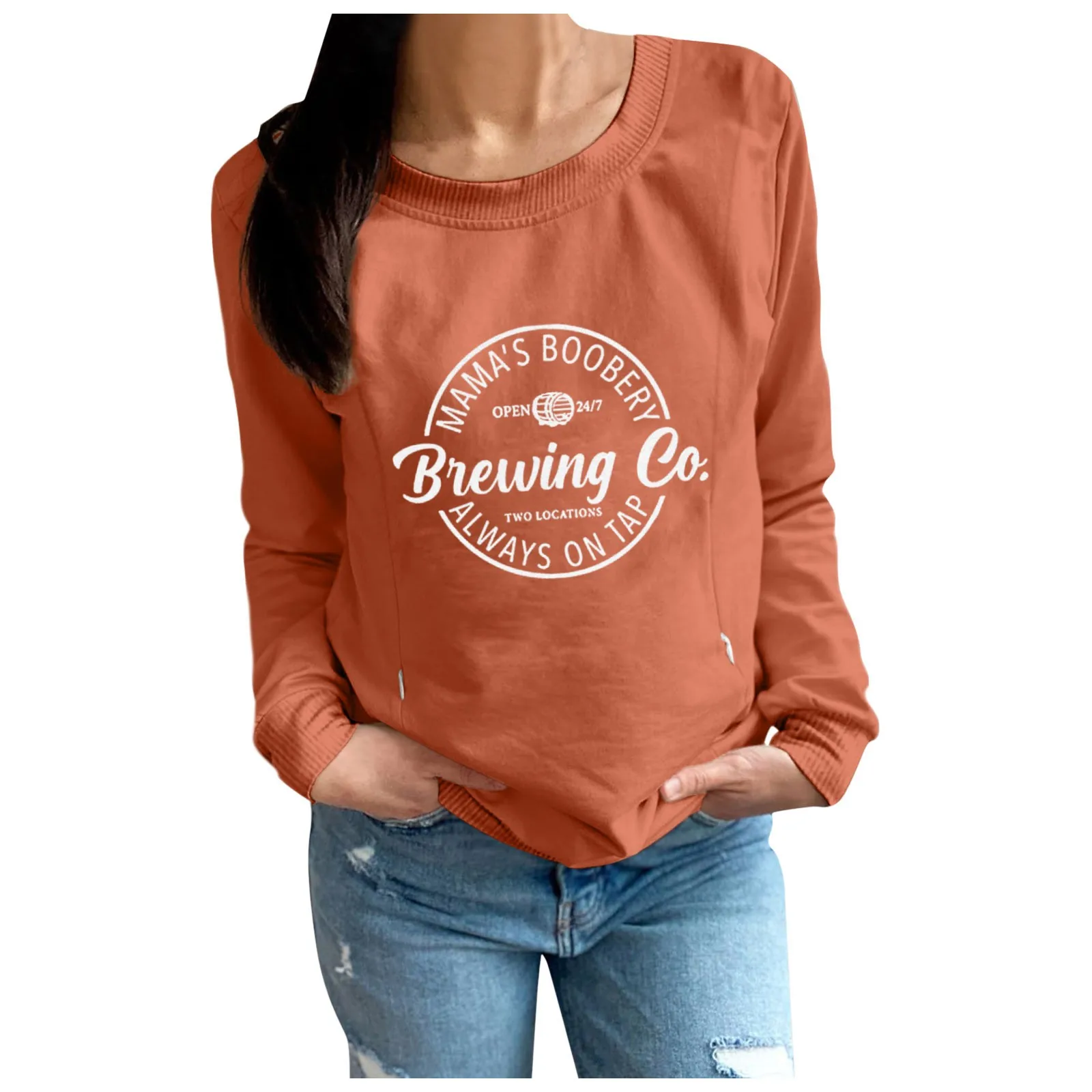 Women Leisure Maternity Nursing Sweatshirt Round Neck Long Sleeved Pullover Loose Letter Printed Breastfeeding Mom Sweatshirt