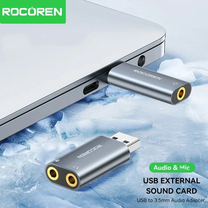 Rocoren External USB Sound Card To 3.5mm Mic Headphone Jack Stereo Headset Audio Microphone Adapter Speaker Interface For Laptop