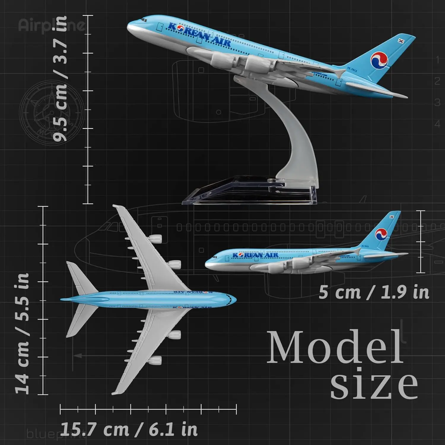 16cm A380 한국 다이캐스트 금속 비행기 모형 - A380 스카이 점보 스탠드 포함 항공 애호가 선물 또는 장식용